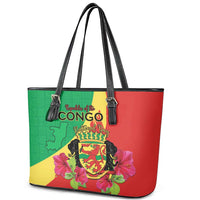 Personalized Congo Brazzaville National Day Leather Tote Bag Coat Of Arms Hibiscus Flower - Wonder Print Shop