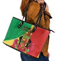 Personalized Congo Brazzaville National Day Leather Tote Bag Coat Of Arms Hibiscus Flower - Wonder Print Shop