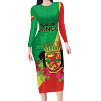 Personalized Congo Brazzaville National Day Long Sleeve Bodycon Dress Coat Of Arms Hibiscus Flower - Wonder Print Shop