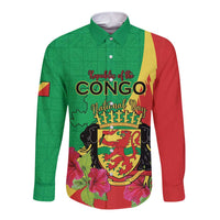 Personalized Congo Brazzaville National Day Long Sleeve Button Shirt Coat Of Arms Hibiscus Flower - Wonder Print Shop