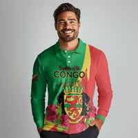 Personalized Congo Brazzaville National Day Long Sleeve Polo Shirt Coat Of Arms Hibiscus Flower - Wonder Print Shop