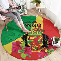 Personalized Congo Brazzaville National Day Round Carpet Coat Of Arms Hibiscus Flower - Wonder Print Shop