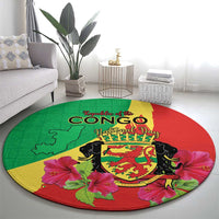 Personalized Congo Brazzaville National Day Round Carpet Coat Of Arms Hibiscus Flower - Wonder Print Shop