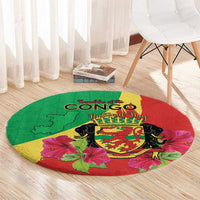 Personalized Congo Brazzaville National Day Round Carpet Coat Of Arms Hibiscus Flower - Wonder Print Shop