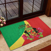 Personalized Congo Brazzaville National Day Rubber Doormat Coat Of Arms Hibiscus Flower - Wonder Print Shop