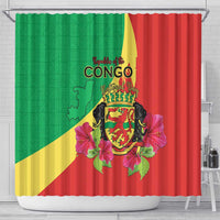 Personalized Congo Brazzaville National Day Shower Curtain Coat Of Arms Hibiscus Flower - Wonder Print Shop