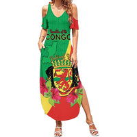 Personalized Congo Brazzaville National Day Summer Maxi Dress Coat Of Arms Hibiscus Flower - Wonder Print Shop