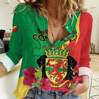 Personalized Congo Brazzaville National Day Women Casual Shirt Coat Of Arms Hibiscus Flower - Wonder Print Shop