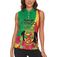 Personalized Congo Brazzaville National Day Women Sleeveless Polo Shirt Coat Of Arms Hibiscus Flower - Wonder Print Shop