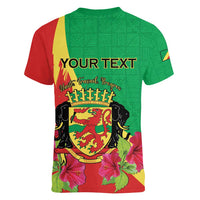 Personalized Congo Brazzaville National Day Women V-Neck T-Shirt Coat Of Arms Hibiscus Flower - Wonder Print Shop