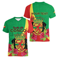 Personalized Congo Brazzaville National Day Women V-Neck T-Shirt Coat Of Arms Hibiscus Flower - Wonder Print Shop