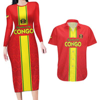 Custom Congo Brazzaville Football Couples Matching Long Sleeve Bodycon Dress and Hawaiian Shirt Go Ba Diabulu ya Mbwaki Red Color - Wonder Print Shop