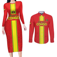 Custom Congo Brazzaville Football Couples Matching Long Sleeve Bodycon Dress and Long Sleeve Button Shirt Go Ba Diabulu ya Mbwaki Red Color - Wonder Print Shop