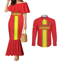 Custom Congo Brazzaville Football Couples Matching Mermaid Dress and Long Sleeve Button Shirt Go Ba Diabulu ya Mbwaki Red Color - Wonder Print Shop