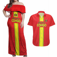 Custom Congo Brazzaville Football Couples Matching Off Shoulder Maxi Dress and Hawaiian Shirt Go Ba Diabulu ya Mbwaki Red Color - Wonder Print Shop