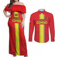 Custom Congo Brazzaville Football Couples Matching Off Shoulder Maxi Dress and Long Sleeve Button Shirt Go Ba Diabulu ya Mbwaki Red Color - Wonder Print Shop