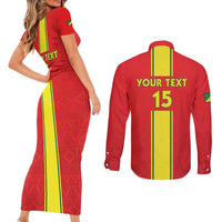 Custom Congo Brazzaville Football Couples Matching Short Sleeve Bodycon Dress and Long Sleeve Button Shirt Go Ba Diabulu ya Mbwaki Red Color - Wonder Print Shop