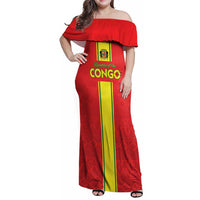 Custom Congo Brazzaville Football Family Matching Off Shoulder Maxi Dress and Hawaiian Shirt Go Ba Diabulu ya Mbwaki Red Color - Wonder Print Shop