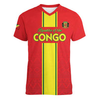 Custom Congo Brazzaville Football Women V-Neck T-Shirt Go Ba Diabulu ya Mbwaki Red Color - Wonder Print Shop