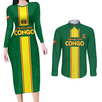 Custom Congo Brazzaville Football Couples Matching Long Sleeve Bodycon Dress and Long Sleeve Button Shirt Go Ba Diabulu ya Mbwaki Green Color - Wonder Print Shop