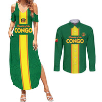 Custom Congo Brazzaville Football Couples Matching Summer Maxi Dress and Long Sleeve Button Shirt Go Ba Diabulu ya Mbwaki Green Color - Wonder Print Shop