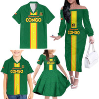 Custom Congo Brazzaville Football Family Matching Off The Shoulder Long Sleeve Dress and Hawaiian Shirt Go Ba Diabulu ya Mbwaki Green Color - Wonder Print Shop