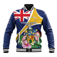 Personalised Turks And Caicos Islands Baseball Jacket Coat Of Arms Tropical Flower - Wonder Print Shop