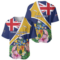 Personalised Turks And Caicos Islands Baseball Jersey Coat Of Arms Tropical Flower - Wonder Print Shop