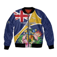 Personalised Turks And Caicos Islands Bomber Jacket Coat Of Arms Tropical Flower - Wonder Print Shop
