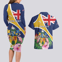 Personalised Turks And Caicos Islands Couples Matching Long Sleeve Bodycon Dress and Hawaiian Shirt Coat Of Arms Tropical Flower - Wonder Print Shop