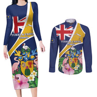 Personalised Turks And Caicos Islands Couples Matching Long Sleeve Bodycon Dress and Long Sleeve Button Shirt Coat Of Arms Tropical Flower - Wonder Print Shop