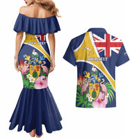 Personalised Turks And Caicos Islands Couples Matching Mermaid Dress and Hawaiian Shirt Coat Of Arms Tropical Flower - Wonder Print Shop