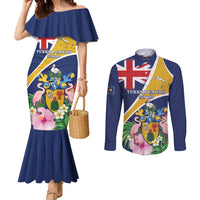 Personalised Turks And Caicos Islands Couples Matching Mermaid Dress and Long Sleeve Button Shirt Coat Of Arms Tropical Flower