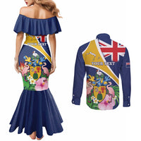 Personalised Turks And Caicos Islands Couples Matching Mermaid Dress and Long Sleeve Button Shirt Coat Of Arms Tropical Flower