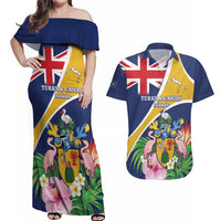 Personalised Turks And Caicos Islands Couples Matching Off Shoulder Maxi Dress and Hawaiian Shirt Coat Of Arms Tropical Flower - Wonder Print Shop