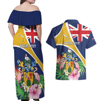 Personalised Turks And Caicos Islands Couples Matching Off Shoulder Maxi Dress and Hawaiian Shirt Coat Of Arms Tropical Flower - Wonder Print Shop