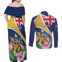 Personalised Turks And Caicos Islands Couples Matching Off Shoulder Maxi Dress and Long Sleeve Button Shirt Coat Of Arms Tropical Flower - Wonder Print Shop