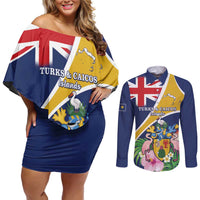 Personalised Turks And Caicos Islands Couples Matching Off Shoulder Short Dress and Long Sleeve Button Shirt Coat Of Arms Tropical Flower - Wonder Print Shop