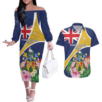 Personalised Turks And Caicos Islands Couples Matching Off The Shoulder Long Sleeve Dress and Hawaiian Shirt Coat Of Arms Tropical Flower - Wonder Print Shop