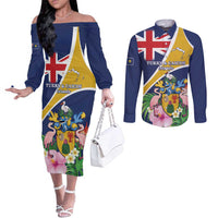 Personalised Turks And Caicos Islands Couples Matching Off The Shoulder Long Sleeve Dress and Long Sleeve Button Shirt Coat Of Arms Tropical Flower