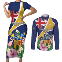 Personalised Turks And Caicos Islands Couples Matching Short Sleeve Bodycon Dress and Long Sleeve Button Shirt Coat Of Arms Tropical Flower - Wonder Print Shop