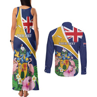 Personalised Turks And Caicos Islands Couples Matching Tank Maxi Dress and Long Sleeve Button Shirt Coat Of Arms Tropical Flower - Wonder Print Shop