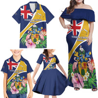 Personalised Turks And Caicos Islands Family Matching Off Shoulder Maxi Dress and Hawaiian Shirt Coat Of Arms Tropical Flower - Wonder Print Shop
