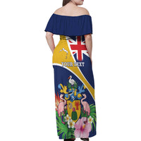 Personalised Turks And Caicos Islands Family Matching Off Shoulder Maxi Dress and Hawaiian Shirt Coat Of Arms Tropical Flower - Wonder Print Shop