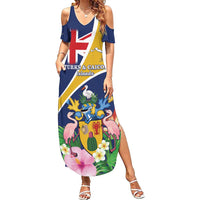 Personalised Turks And Caicos Islands Family Matching Summer Maxi Dress and Hawaiian Shirt Coat Of Arms Tropical Flower - Wonder Print Shop