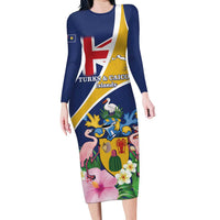Personalised Turks And Caicos Islands Long Sleeve Bodycon Dress Coat Of Arms Tropical Flower - Wonder Print Shop