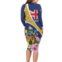Personalised Turks And Caicos Islands Long Sleeve Bodycon Dress Coat Of Arms Tropical Flower - Wonder Print Shop