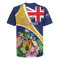 Personalised Turks And Caicos Islands Rugby Jersey Coat Of Arms Tropical Flower - Wonder Print Shop
