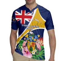 Personalised Turks And Caicos Islands Rugby Jersey Coat Of Arms Tropical Flower - Wonder Print Shop