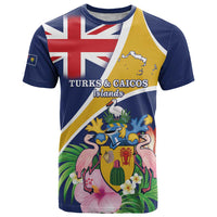 Personalised Turks And Caicos Islands T Shirt Coat Of Arms Tropical Flower - Wonder Print Shop